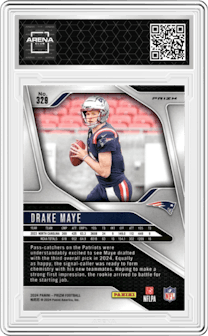 Drake Maye from the 2024 Panini Prizm set featuring a Green Prizm parallel graded by Arena Club and given an overall grade of 0.