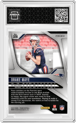 Drake Maye from the 2024 Panini Prizm set featuring a Green Prizm parallel graded by Arena Club.