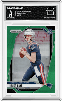 Drake Maye from the 2024 Panini Prizm set featuring a Green Prizm parallel graded by Arena Club and given an overall grade of 0.