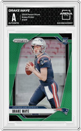 Drake Maye from the 2024 Panini Prizm set featuring a Green Prizm parallel graded by Arena Club.