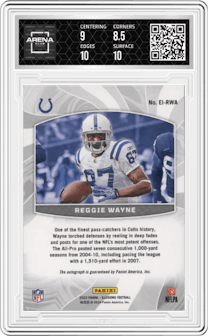 Reggie Wayne from the 2023 Panini Illusions set featuring a Black parallel graded by Arena Club and given an overall grade of 9.