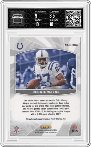 Reggie Wayne from the 2023 Panini Illusions set featuring a Black parallel graded by Arena Club and given an overall grade of 9.