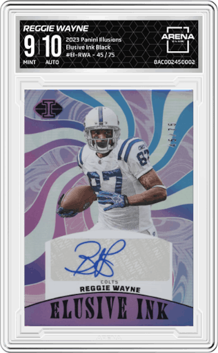 Reggie Wayne from the 2023 Panini Illusions set featuring a Black parallel graded by Arena Club and given an overall grade of 9.
