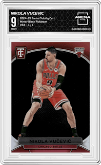 Nikola Vucevic from the 2024-25 Panini Totally Certified set featuring a Mirror Black Platinum parallel graded by Arena Club and given an overall grade of 9.