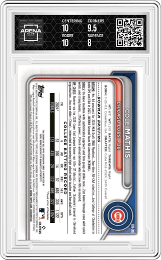 Cole Mathis from the 2024 Bowman Draft set featuring a Orange Wave Refractor parallel graded by Arena Club and given an overall grade of 8.5.