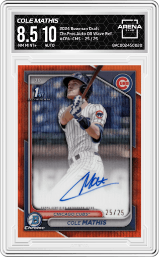 Cole Mathis from the 2024 Bowman Draft set featuring a Orange Wave Refractor parallel graded by Arena Club and given an overall grade of 8.5.