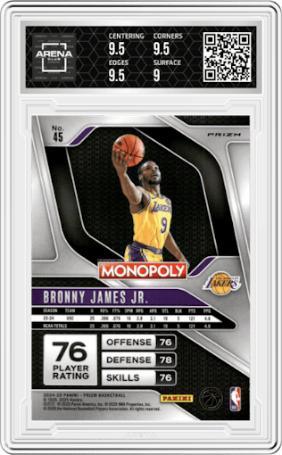 Bronny James from the 2024-25 Panini Prizm Monopoly set featuring a Free Parking parallel graded by Arena Club and given an overall grade of 9.5.