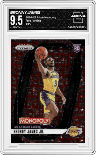 Bronny James from the 2024-25 Panini Prizm Monopoly set featuring a Free Parking parallel graded by Arena Club and given an overall grade of 9.5.
