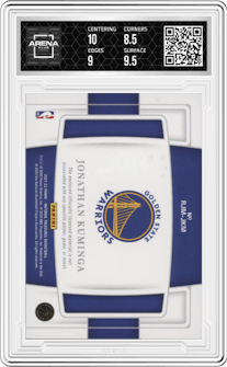 Jonathan Kuminga from the 2021-22 Panini National Treasures set featuring a Prime  parallel graded by Arena Club and given an overall grade of 9.