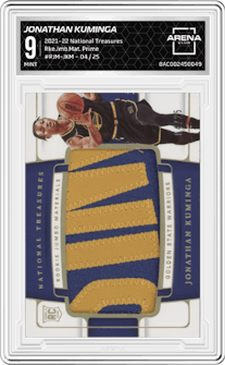 Jonathan Kuminga from the 2021-22 Panini National Treasures set featuring a Prime  parallel graded by Arena Club and given an overall grade of 9.