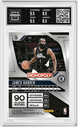 James Harden from the 2024-25 Panini Prizm Monopoly set featuring a Free Parking parallel graded by Arena Club and given an overall grade of 9.