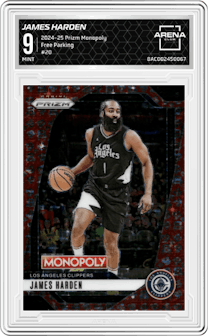 James Harden from the 2024-25 Panini Prizm Monopoly set featuring a Free Parking parallel graded by Arena Club and given an overall grade of 9.
