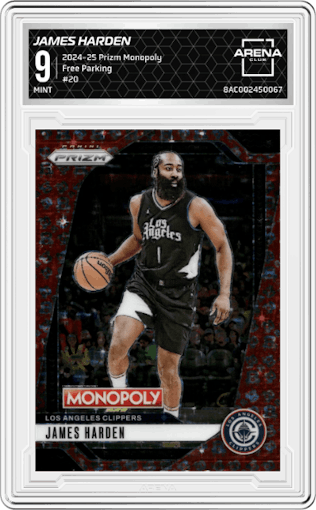 James Harden from the 2024-25 Panini Prizm Monopoly set featuring a Free Parking parallel graded by Arena Club and given an overall grade of 9.