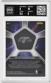 Victor Wembanyama from the 2023-24 Panini Prizm set graded by Arena Club and given an overall grade of 8.5.