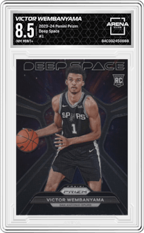Victor Wembanyama from the 2023-24 Panini Prizm set graded by Arena Club and given an overall grade of 8.5.