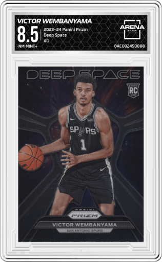 Victor Wembanyama from the 2023-24 Panini Prizm set graded by Arena Club and given an overall grade of 8.5.