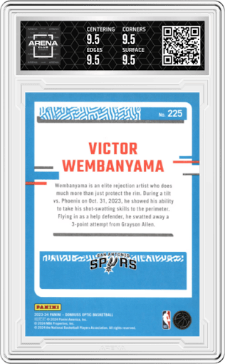 Victor Wembanyama from the 2023-24 Donruss Optic set graded by Arena Club and given an overall grade of 9.5.