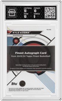 Kyle Kuzma from the 2023-24 Finest set featuring a Gold Geometric Refractor parallel graded by Arena Club and given an overall grade of 9.5.