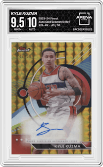 Kyle Kuzma from the 2023-24 Finest set featuring a Gold Geometric Refractor parallel graded by Arena Club and given an overall grade of 9.5.