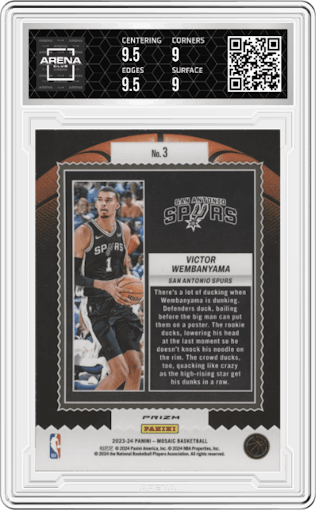 Victor Wembanyama from the 2023-24 Panini Mosaic set featuring a Green Mosaic parallel graded by Arena Club and given an overall grade of 9.5.