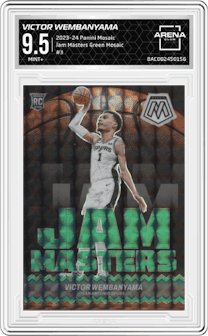 Victor Wembanyama from the 2023-24 Panini Mosaic set featuring a Green Mosaic parallel graded by Arena Club and given an overall grade of 9.5.