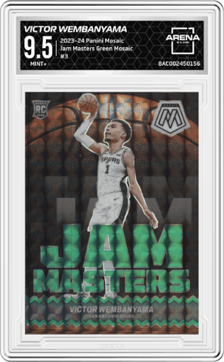 Victor Wembanyama from the 2023-24 Panini Mosaic set featuring a Green Mosaic parallel graded by Arena Club and given an overall grade of 9.5.
