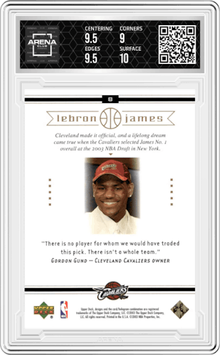 Lebron James from the 2003-04 Upper Deck LeBron James  set graded by Arena Club and given an overall grade of 9.5.