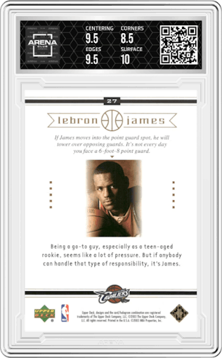 Lebron James from the 2003-04 Upper Deck LeBron James  set graded by Arena Club and given an overall grade of 9.