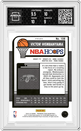 Victor Wembanyama from the 2023-24 Panini Hoops Premium Stock set featuring a Ice Prizm parallel graded by Arena Club and given an overall grade of 9.5.