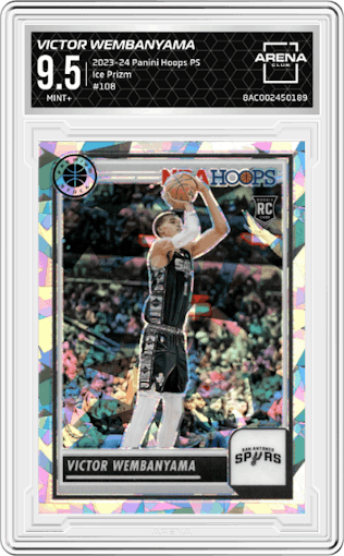 Victor Wembanyama from the 2023-24 Panini Hoops Premium Stock set featuring a Ice Prizm parallel graded by Arena Club and given an overall grade of 9.5.
