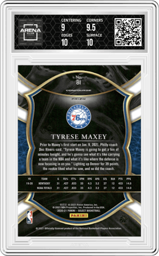 Tyrese Maxey from the 2020-21 Panini Select  set featuring a Red/White/Orange Shimmer parallel graded by Arena Club and given an overall grade of 9.5.