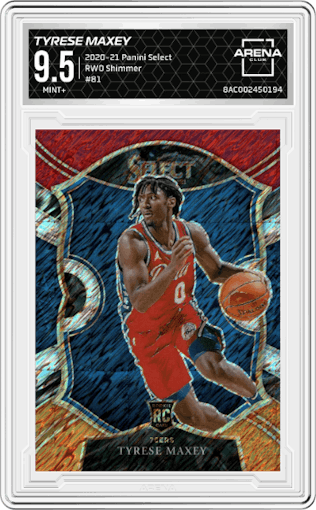 Tyrese Maxey from the 2020-21 Panini Select  set featuring a Red/White/Orange Shimmer parallel graded by Arena Club and given an overall grade of 9.5.