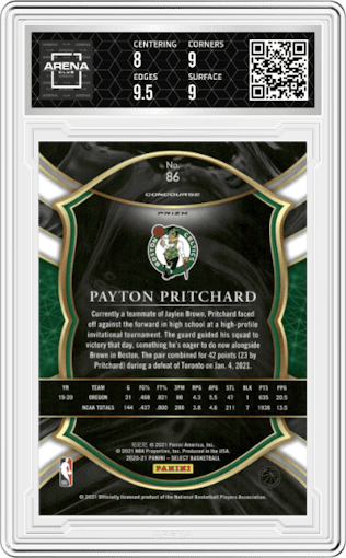 Payton Pritchard from the 2021-22 Panini Select set featuring a Blue Prizm parallel graded by Arena Club and given an overall grade of 8.5.