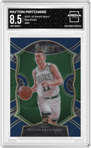 Payton Pritchard from the 2021-22 Panini Select set featuring a Blue Prizm parallel graded by Arena Club and given an overall grade of 8.5.