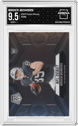 Brock Bowers from the 2024 Panini Mosaic set graded by Arena Club and given an overall grade of 9.5.