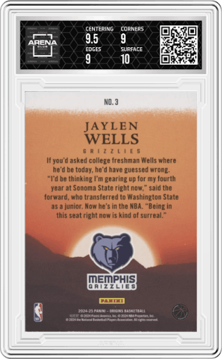Jaylen Wells from the 2024-25 Panini Origins set graded by Arena Club and given an overall grade of 9.5.