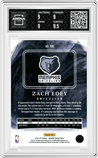 Zach Edey from the 2024-25 Panini Origins set featuring a Turquoise parallel graded by Arena Club and given an overall grade of 9.