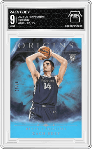 Zach Edey from the 2024-25 Panini Origins set featuring a Turquoise parallel graded by Arena Club and given an overall grade of 9.