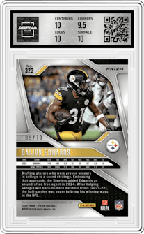 Daijun Edwards from the 2024 Panini Prizm set featuring a No Huddle Gold Prizm parallel graded by Arena Club and given an overall grade of 10.