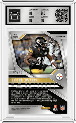Daijun Edwards from the 2024 Panini Prizm set featuring a No Huddle Gold Prizm parallel graded by Arena Club and given an overall grade of 10.