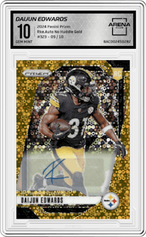 Daijun Edwards from the 2024 Panini Prizm set featuring a No Huddle Gold Prizm parallel graded by Arena Club and given an overall grade of 10.