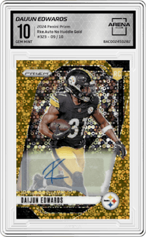 Daijun Edwards from the 2024 Panini Prizm set featuring a No Huddle Gold Prizm parallel and given an overall grade of 10.