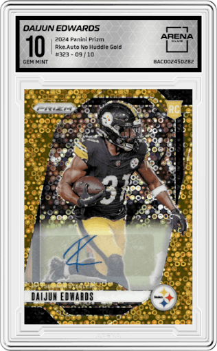 Daijun Edwards from the 2024 Panini Prizm set featuring a No Huddle Gold Prizm parallel graded by Arena Club and given an overall grade of 10.