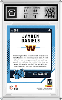 Jayden Daniels from the 2024 Donruss set graded by Arena Club and given an overall grade of 10.