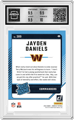 Jayden Daniels from the 2024 Donruss set graded by Arena Club and given an overall grade of 10.
