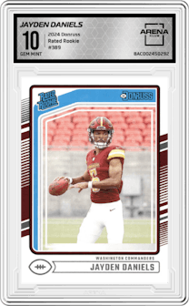 Jayden Daniels from the 2024 Donruss set graded by Arena Club and given an overall grade of 10.