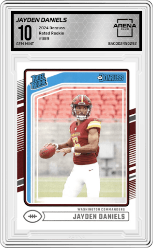 Jayden Daniels from the 2024 Donruss set graded by Arena Club and given an overall grade of 10.