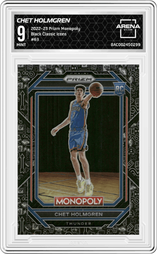 Chet Holmgren from the 2022-23 Panini Prizm Monopoly set featuring a Black Classic Icons parallel graded by Arena Club and given an overall grade of 9.