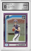 J.J. McCarthy from the 2024 Donruss set featuring a Pink parallel graded by Arena Club and given an overall grade of 10.