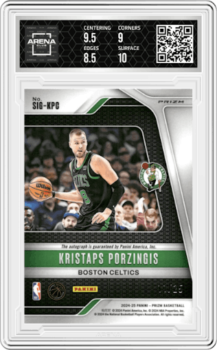 Kristaps Porzingis from the 2024-25 Panini Prizm set featuring a Blue Shimmer Prizm FOTL parallel graded by Arena Club and given an overall grade of 9.